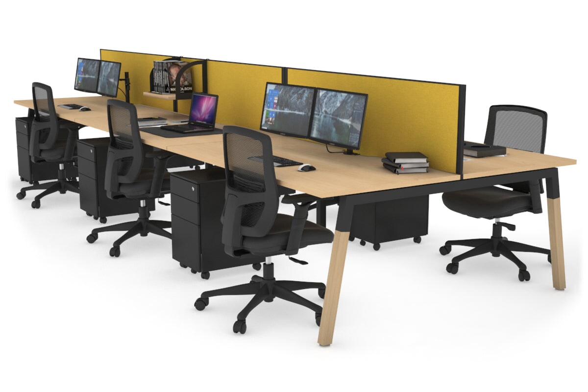 6-Person Quadro A Legs Office Workstation with Wood Legs & Cross Beam - 1600L x 800W with Cable Scallop - Perfect for Open Office Layouts & Collaborative Workspaces