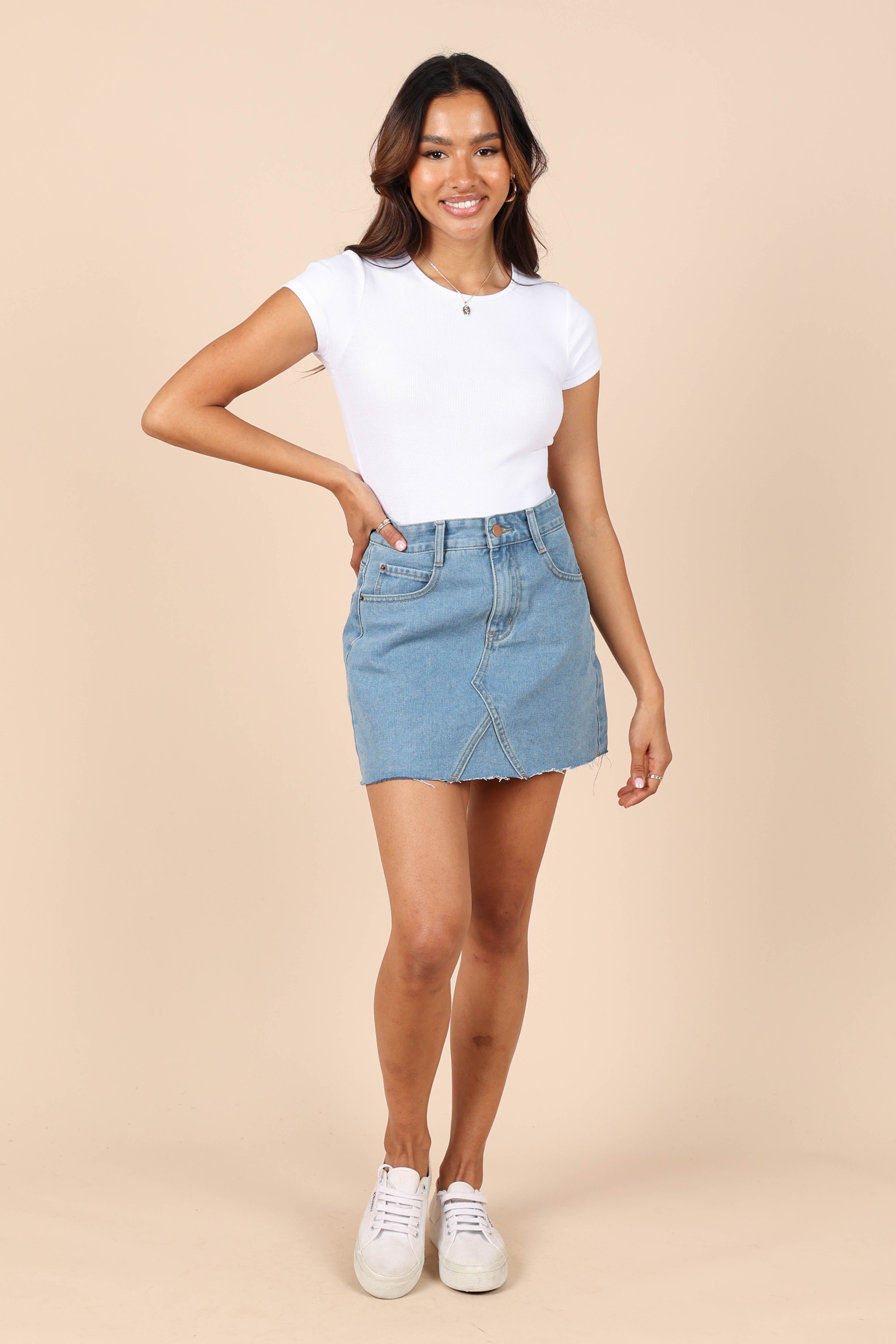 Kenny Skirt - Mid Blue Wash Denim Skirt for Women | Vintage Style High Waist A-Line Skirt | Perfect for Casual Outings, Date Nights & Office Wear