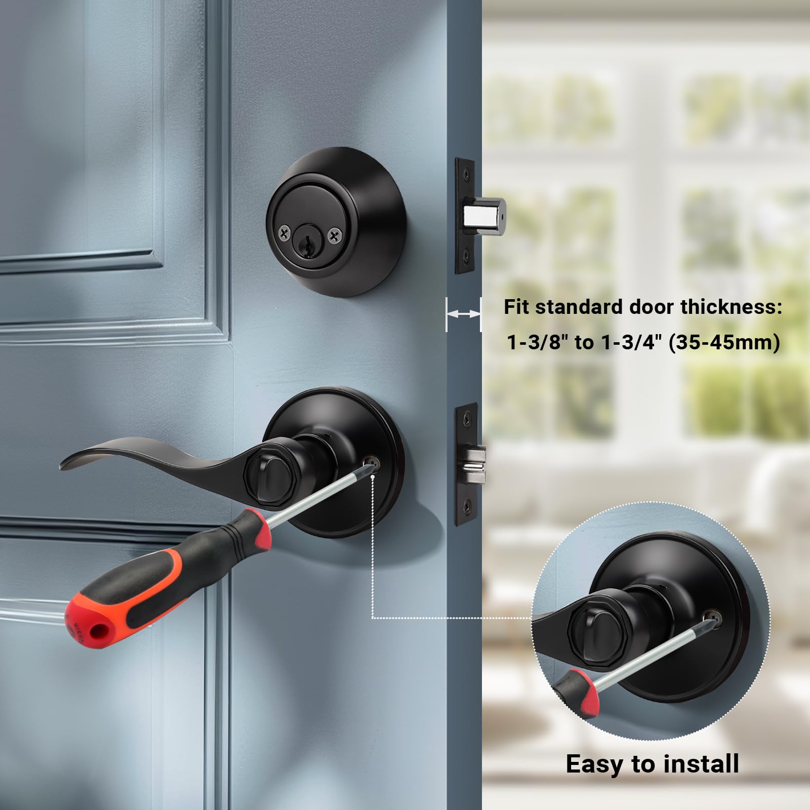 Keyed Alike Door Handle & Deadbolt Set - Matte Black Zinc Alloy for Home Security