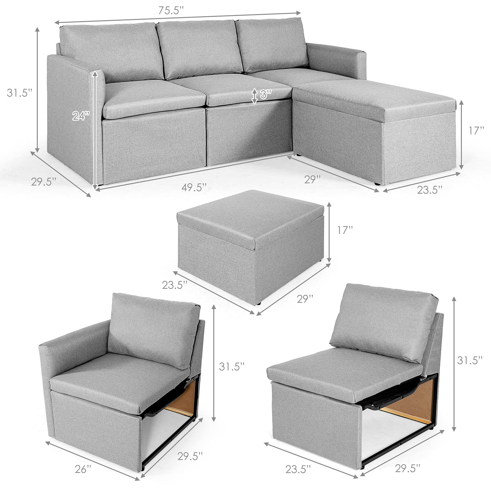 Giantex Convertible Sectional Sofa Couch, Modern L-Shaped 3-Seat Reversible Chaise Sofa with Spring Support, Heavy Duty Linen Fabric Corner Couch Set for Living Room, Apartment & Dorm | Perfect for Small Spaces, Movie Nights & Family Gatherings