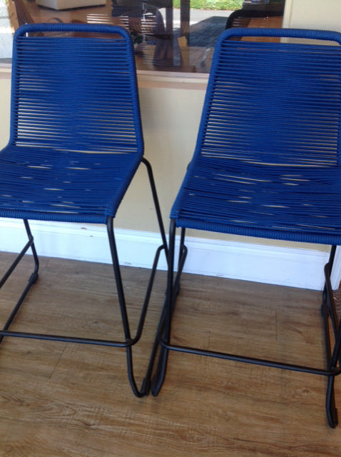 Set of 2 Blue Cord & Metal Bar Stools - Modern Kitchen Counter Stools with Backrest for Dining Room, Bar, or Breakfast Nook - Comfortable & Stylish Seating Solution