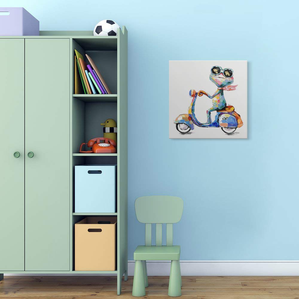 JAPO ART Funny Frog Riding Motorcycle Hand Painted Oil Painting - 40x40 Inch Stretched Canvas Wall Art for Kids Room, Bedroom & Living Room Decor - Ready to Hang Gift for Animal Lovers & Unique Home Decor
