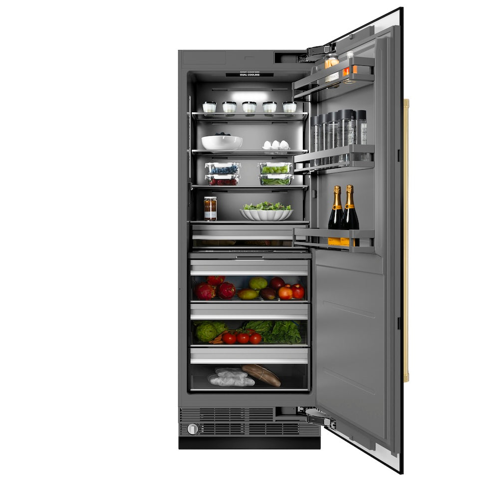 ZLINE Autograph Edition 30-Inch 16.7 cu ft Column Refrigerator - Black Stainless Steel with Graphite Gray Interior & Polished Gold Accents (RCRVZ BS 30 G) - Perfect for Modern Kitchens & Open-Concept Living Spaces
