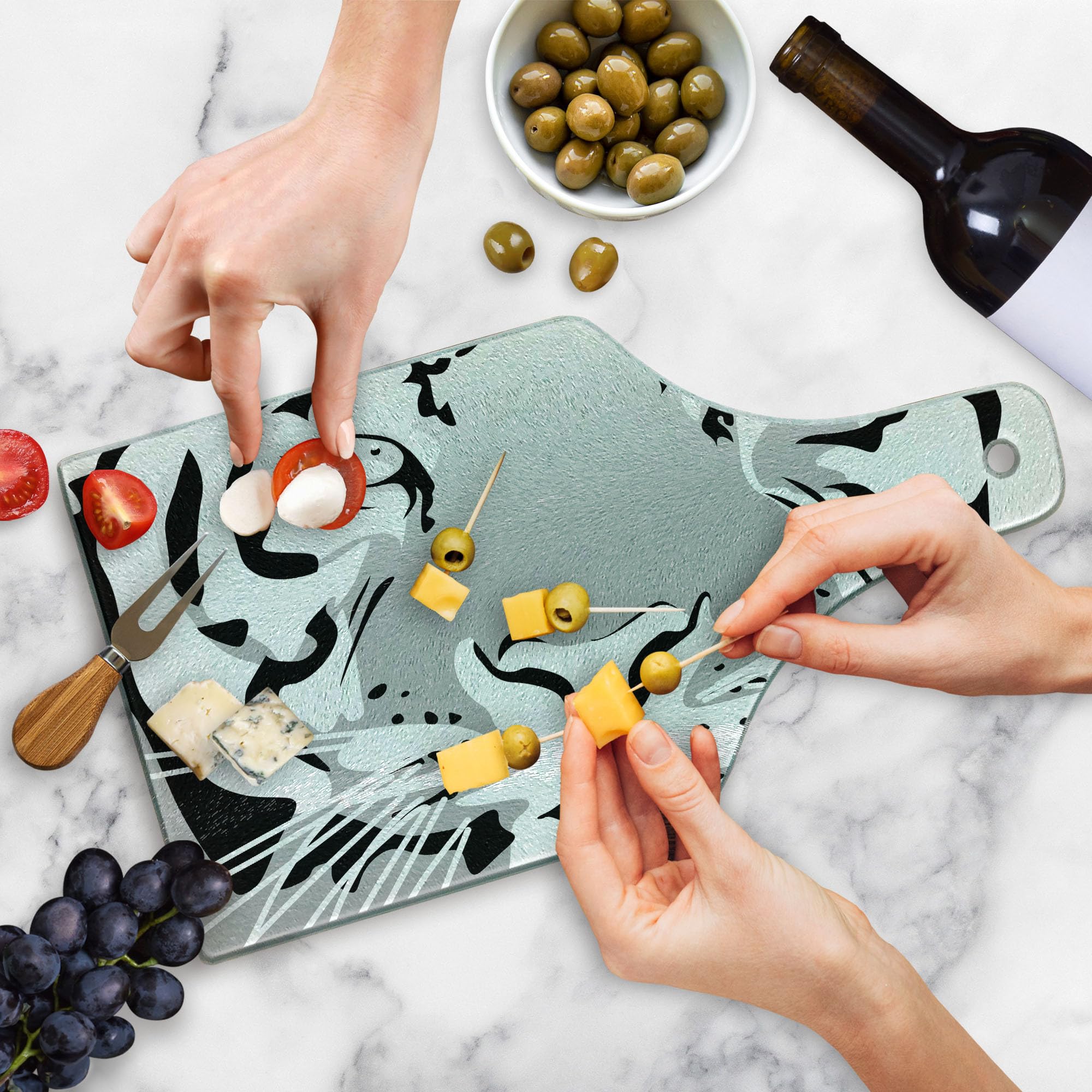 Lunarable Tiger Portrait Tempered Glass Cutting Board - Savannah Wildlife Big Cat Art, Decorative Serving Board for Kitchen & Bar, Wine Bottle Shape in Black White Grey - Perfect for Entertaining, Cheese Platters & Wine Pairings