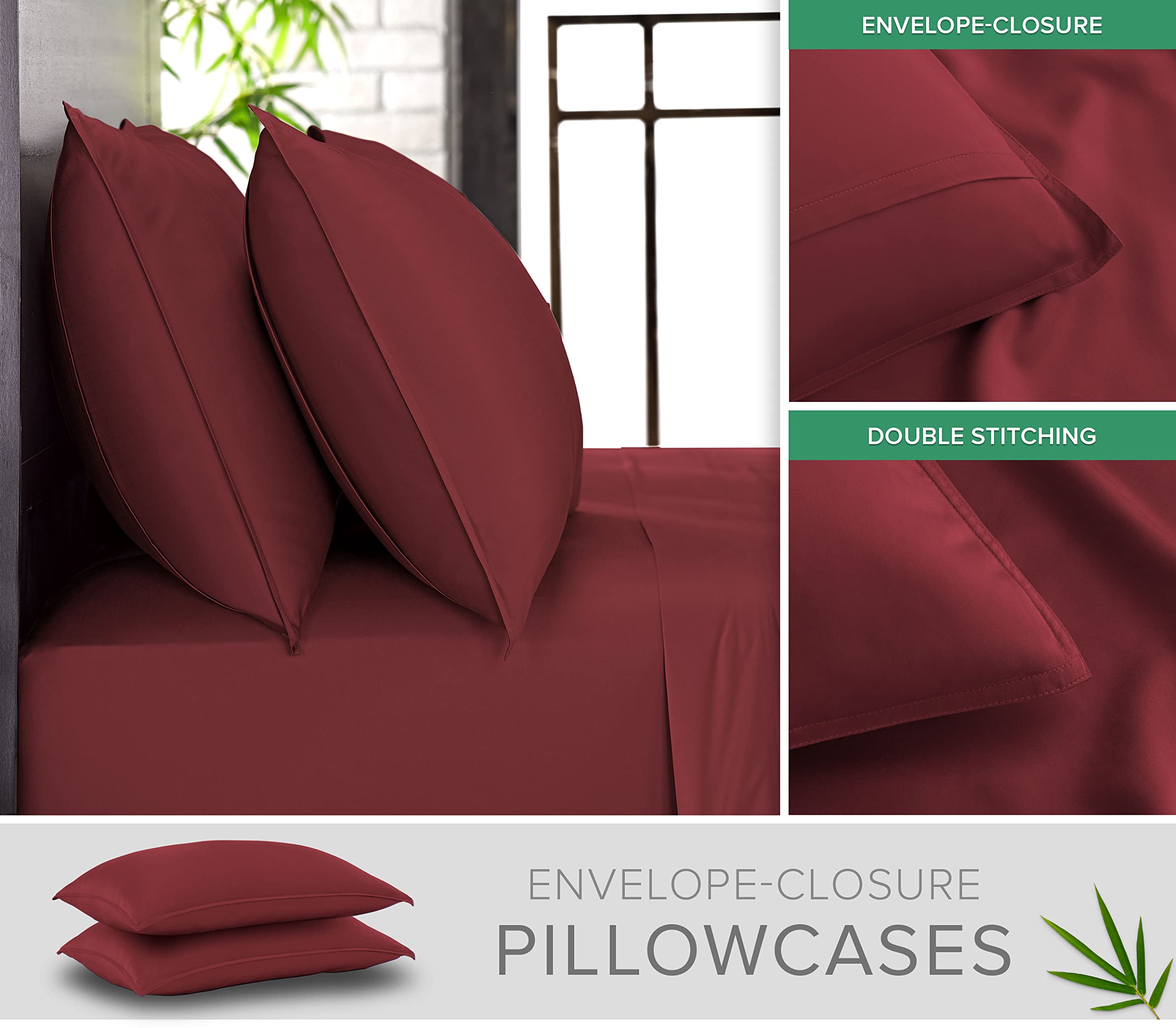Premium 100% Organic Bamboo Viscose King Pillowcases - Ultra Soft & Cooling, Double Stitched with Envelope Closure (Set of 2, Merlot Red) - Perfect for Hot Sleepers & Luxury Bedding Upgrade