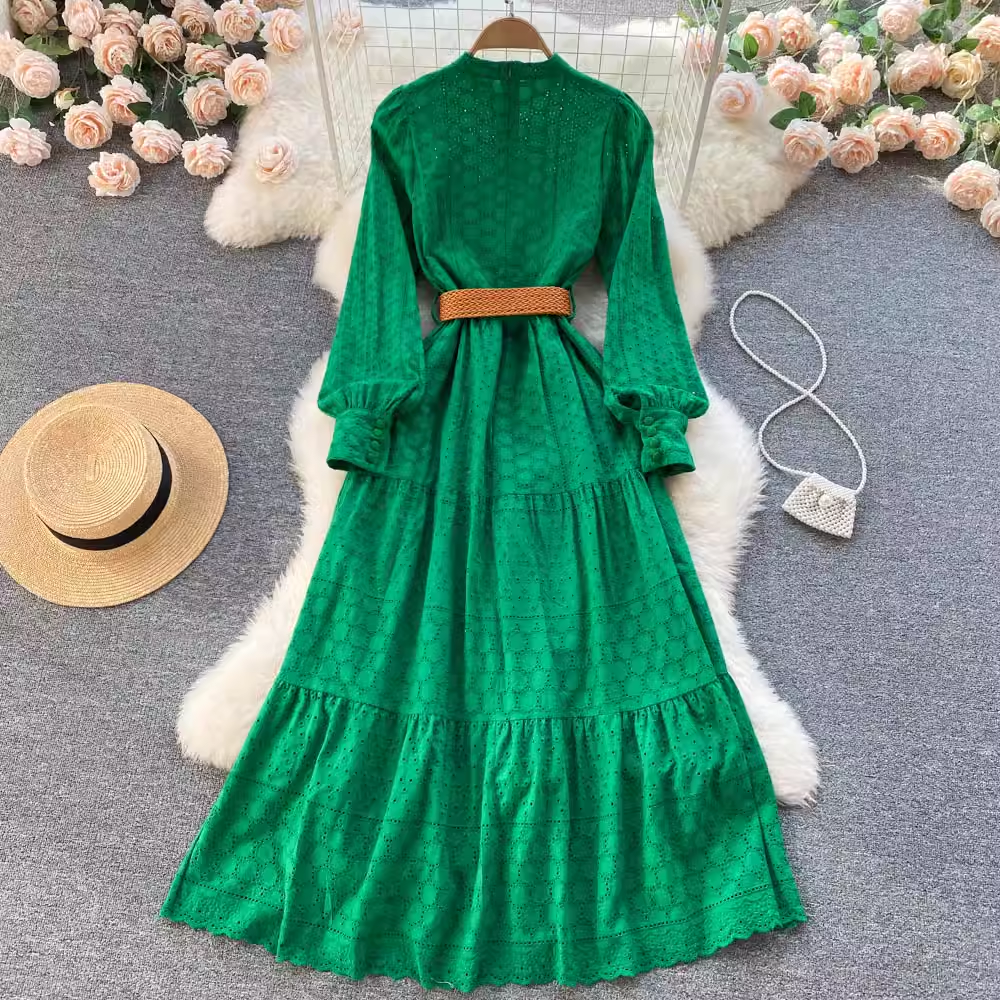 Elegant High Neck Spring Hollow Dress - Long Sleeve A-Line Swing Dress for Women | Perfect for Office, Party & Date Night Outfits