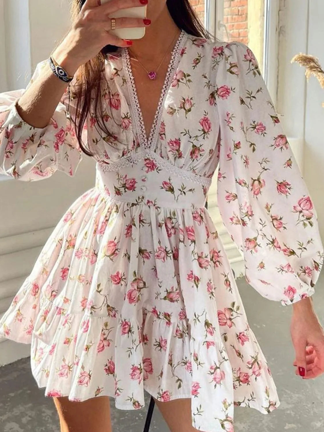 Floral Lace Balloon Sleeve Mini Dress for Women - Summer Boho Chic Party Dress for Beach, Wedding & Date Night