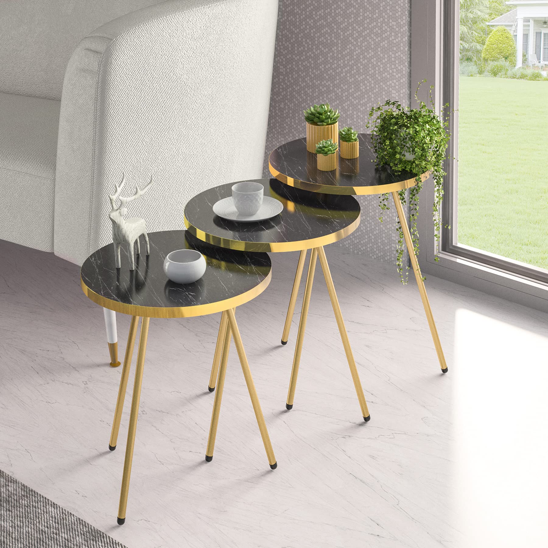 Set of 3 Round Nesting Coffee Tables - Stackable Side Tables for Small Spaces, No-Tools Assembly Nightstand for Bedroom, Living Room & Balcony (Black Marble/Gold) | Perfect for Apartments, Dorms & Compact Living Spaces
