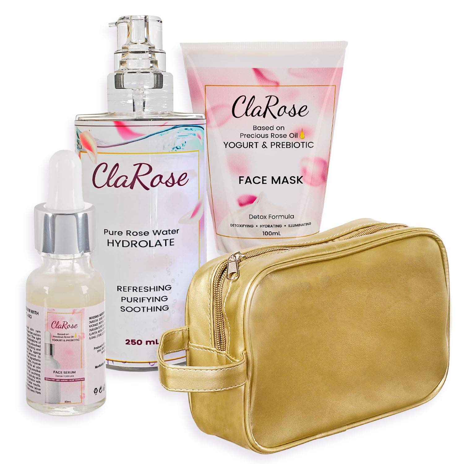 ClaRose Detoxifying Gift Set for Women - 250ml Natural Rose Face Serum & 3 Face Masks | Perfect for Spa Day, Self-Care Routine & Birthday Gifts