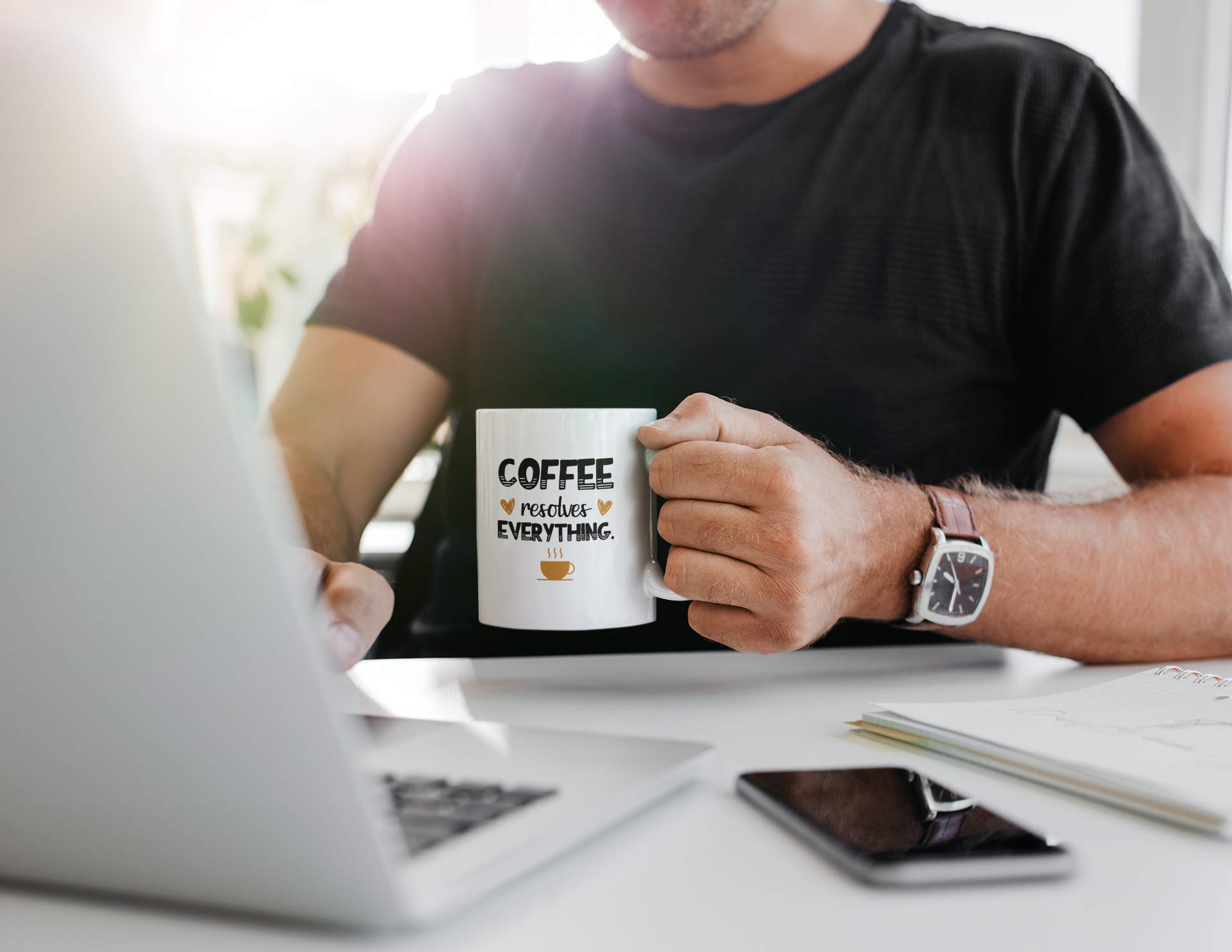 Funny Coffee Mug - 'Coffee Resolves Everything' Inspirational Quote Ceramic Cup for Office Desk, Home & Gifts (11oz) - Perfect for Coffee, Tea & Hot Beverages