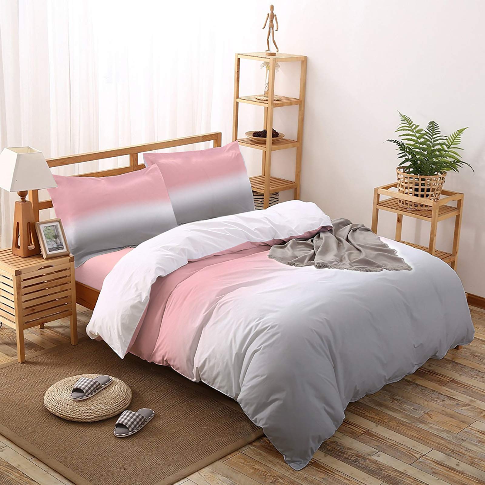 Cal King Duvet Cover Set 4-Piece - Pink Grey Ombre Abstract Art, Lightweight Microfiber Soft Bedding for Adults & Teens | Gradient Gray Painting Design for Modern Bedroom Decor