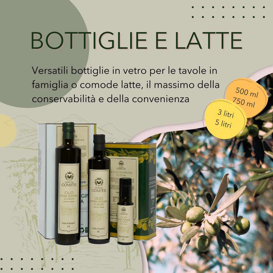 Premium Extra Virgin Olive Oil 100% Italian Cold Pressed - Oleum Comitis Authentic EVOO from Italy - 5L (169 fl oz) Tin for Cooking, Salad Dressing & Healthy Recipes