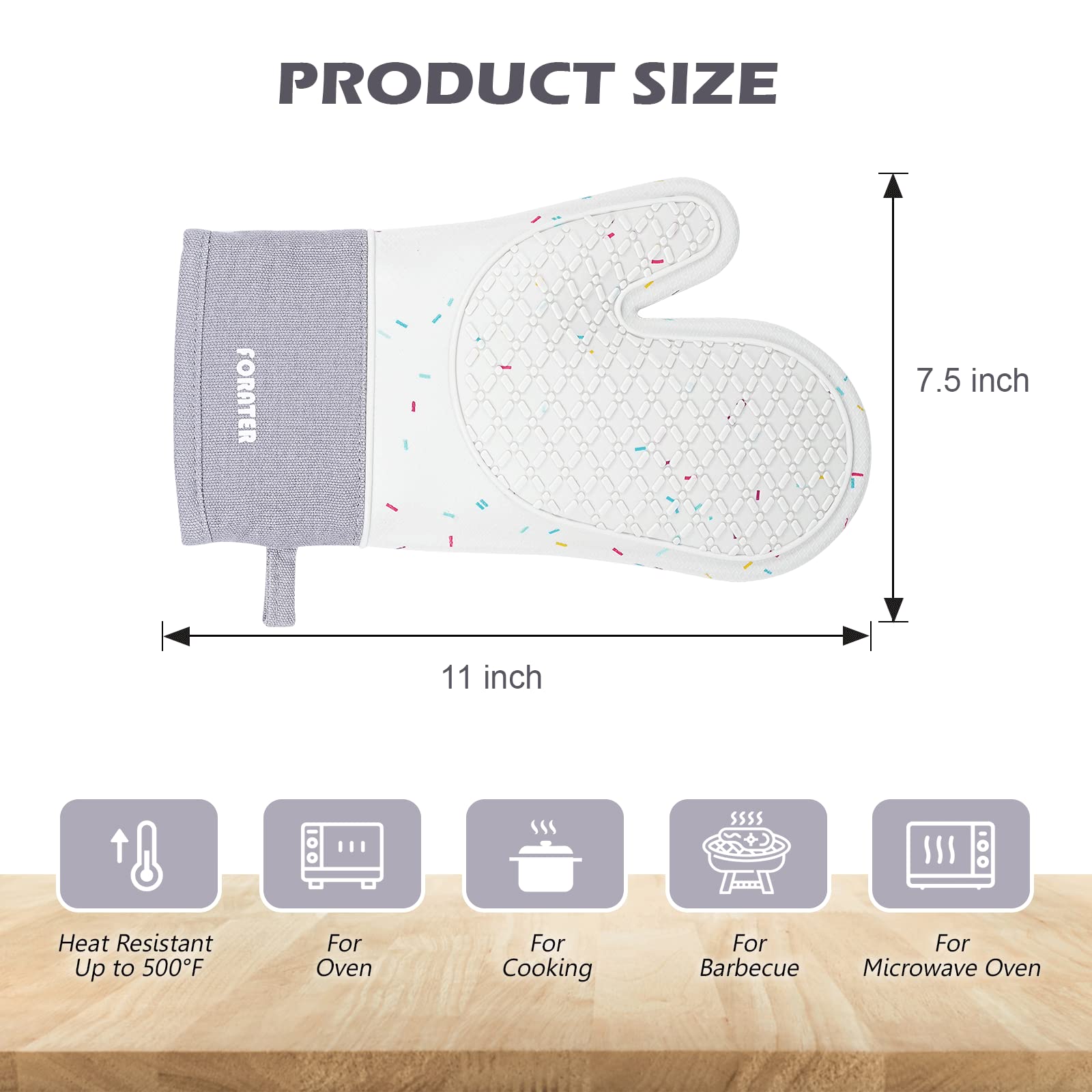 Heat-Resistant Silicone Oven Mitts with Non-Slip Grip - 11'' Waterproof & Durable Kitchen Gloves for Baking, Grilling, BBQ, Camping - Perfect for Hot Pans, Baking Sheets & Outdoor Cooking (1 Pair, Grey)