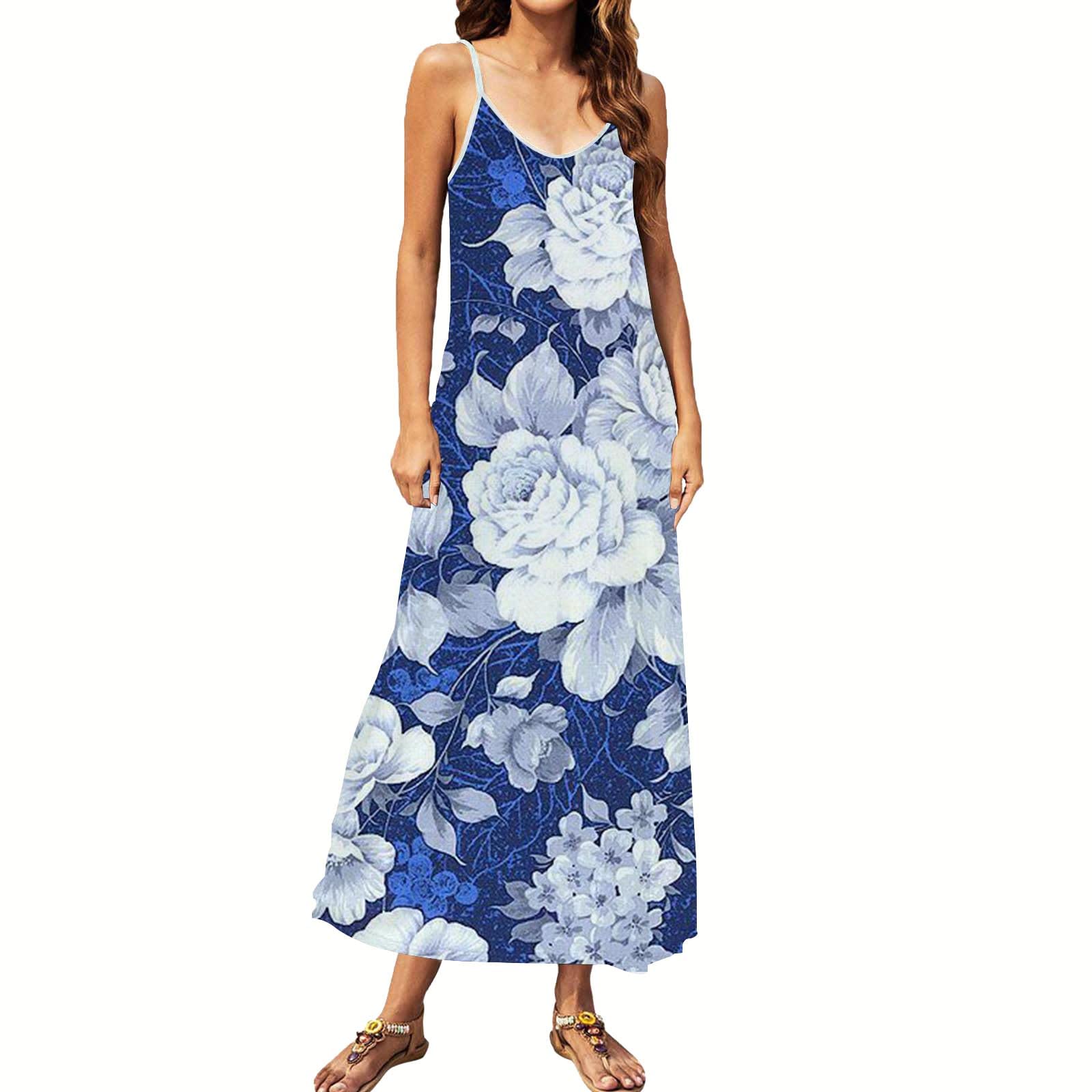 Women's Floral Print Ruffle Maxi Dress with Sleeves - Summer Casual Round Neck Dress for Beach, Vacation & Outdoor Parties