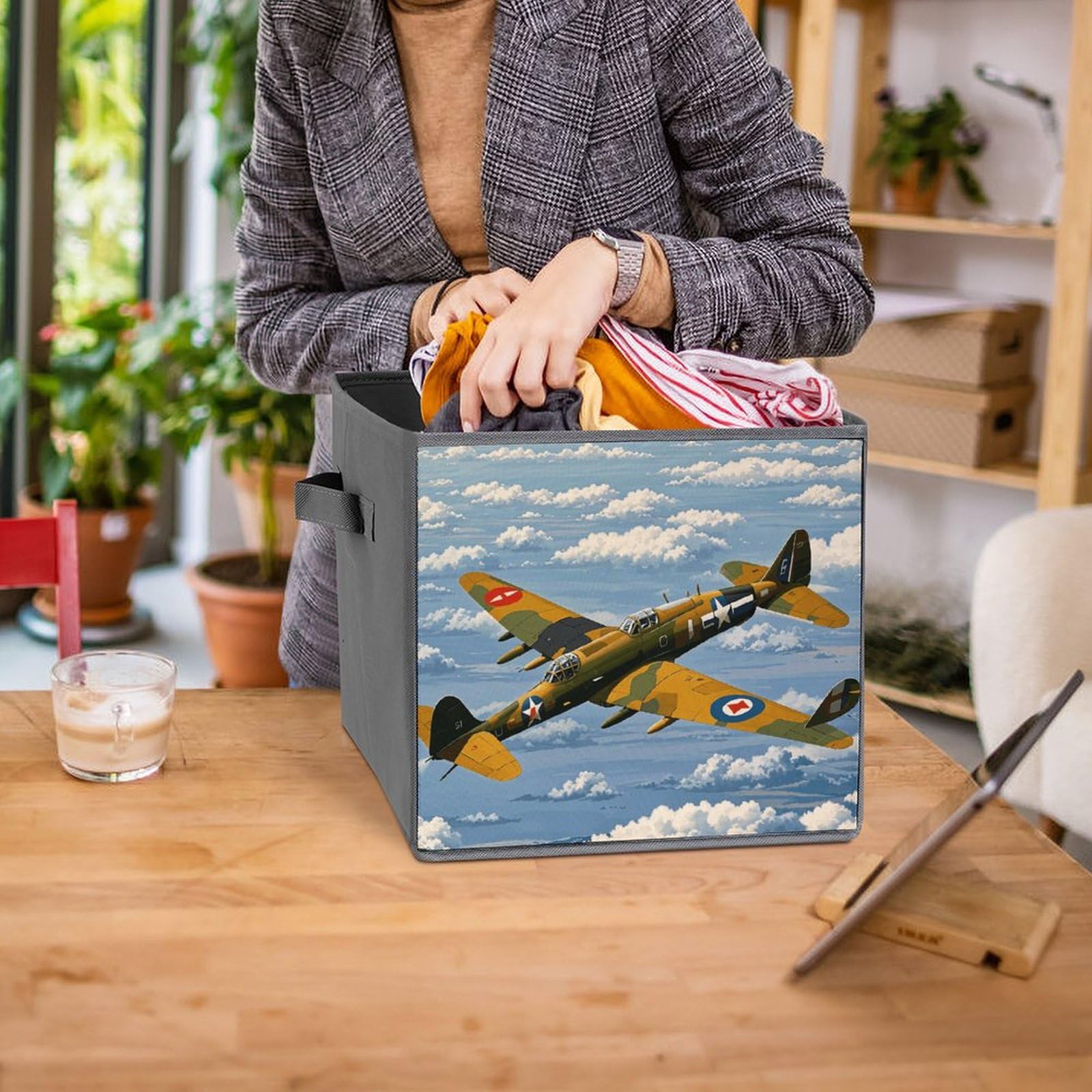 6-Piece Collapsible Storage Bins with Handles - WWII Aircraft Printed Foldable Organizing Boxes for Home, Closet & Shelf Storage | Multi-Purpose Collapsible Baskets for Bedroom, Bathroom & Office Organization