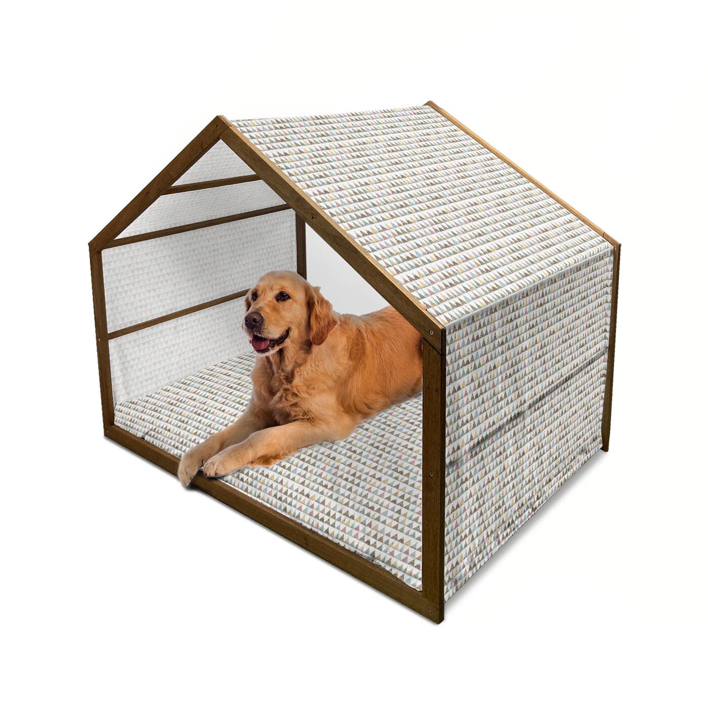 Lunarable Tribal Wooden Dog House - Traditional Boho Pattern Teepee Tent in Pastel Tones, Indoor & Outdoor Portable Pet Kennel with Pillow & Cover (X-Large, Multicolor) - Perfect for Backyard, Patio or Living Room Dog Shelter