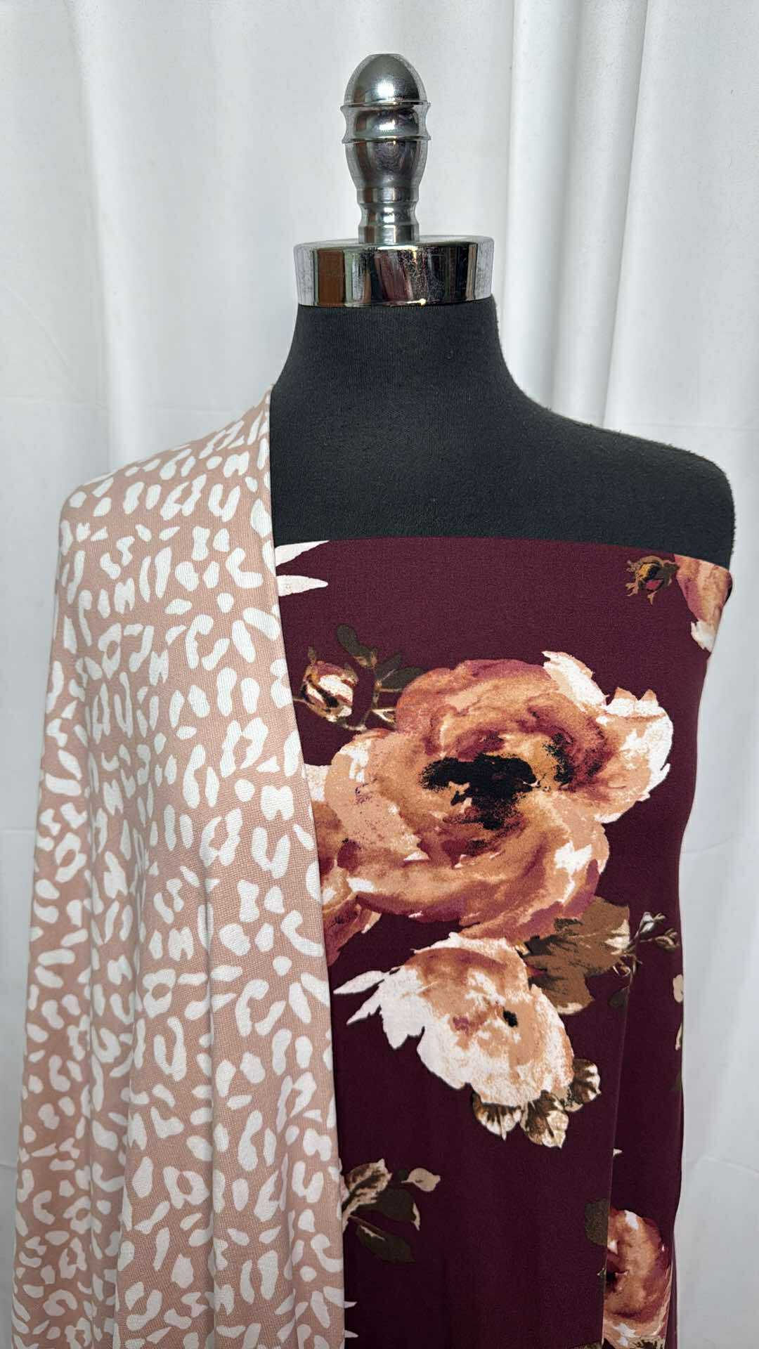 Burgundy Floral & Leopard Print Fabric Bundle - 2 Yards Each for DIY Crafts, Upholstery, and Fashion Projects - A27415