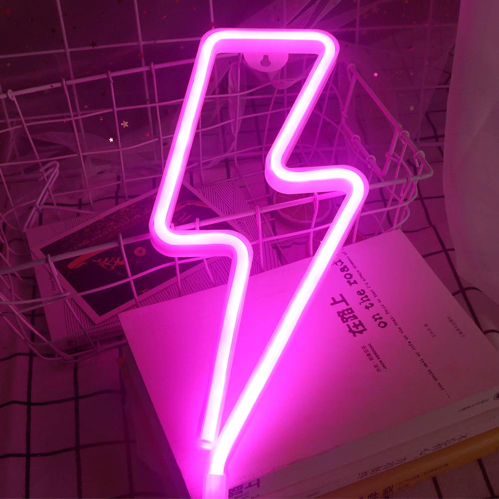 LED Lightning Bolt Neon Sign - USB/Battery Powered Pink Neon Light for Room Decor, Girls Kids Bedroom, Birthday Wedding Christmas Party | Wall Art, Night Light, TikTok Background, Gaming Room Aesthetic