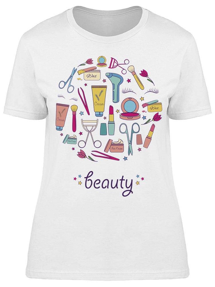 Women's Beauty Cosmetics Icons Graphic T-Shirt - Trendy Casual Tee for Makeup Lovers & Fashion Enthusiasts | Perfect for Everyday Wear, Girls Night Out & Beauty Salon Appointments