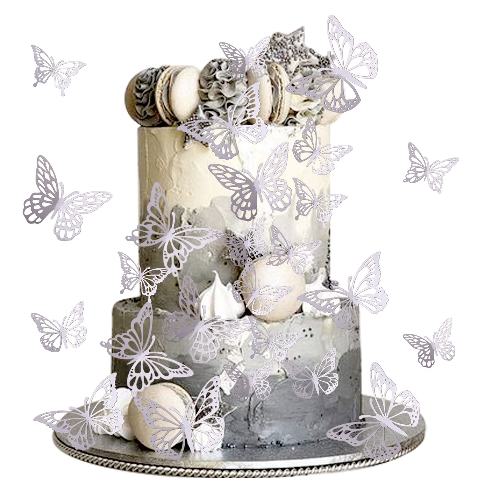 40 PCS 3D Laser-Cut Butterfly Cupcake Toppers - Hollow Butterfly Cake Decorations for Baby Showers, Weddings & Birthday Parties - Mixed Silver Styles - Perfect for Fairy-Themed Events & Wall Decor