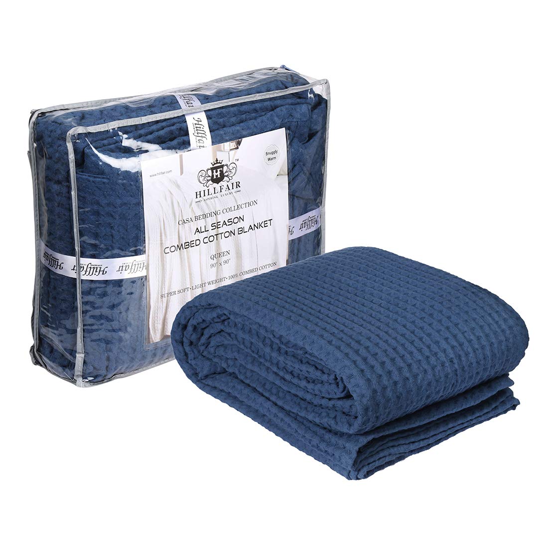 HILLFAIR 100% Combed Cotton Twin Size Blanket - Soft & Breathable All-Season Waffle Weave Bedding - Lightweight Summer Blanket for Home Decor - Navy Blue Twin Bed Cover - Perfect for Dorms, Guest Rooms & Cozy Nights