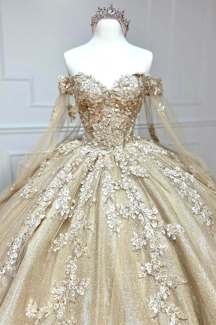 Elegant Gold Sweetheart Ball Gown with Cape Sleeves - Quinceañera & Sweet 16 Dress J4584 | Perfect for Formal Dances, Birthday Parties & Special Occasions