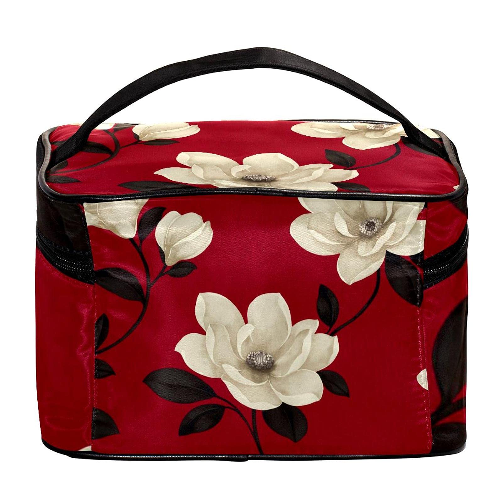 Large White Floral Red Pattern Travel Makeup Bag - Waterproof Cosmetic Organizer Case with Zipper for Women & Girls - Perfect for Vacation, Gym, and Daily Essentials Storage