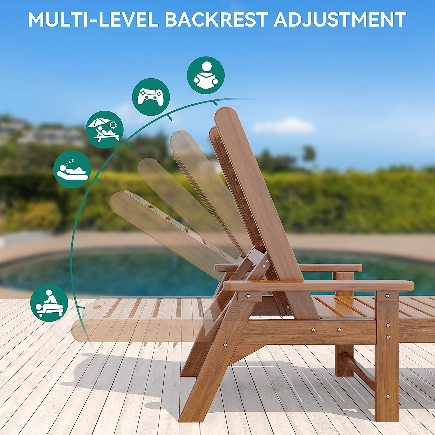 YITAHOME 2-Pack Outdoor Chaise Lounge Chairs with Adjustable Backrest - Heavy Duty Resin Patio Loungers with Wide Armrests (350lbs Capacity) - Waterproof Teak Design for Poolside, Beach, Backyard & Garden Relaxation