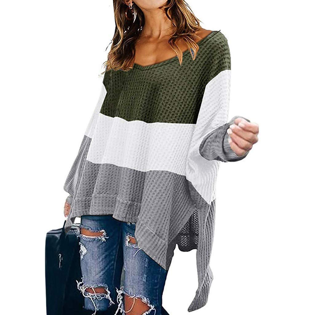 Women's V-Neck Long Batwing Sleeve Waffle Knit Pullover Sweater - Oversized Loose Fit High-Low Tunic Top for Casual Wear, Office & Fall Outfits
