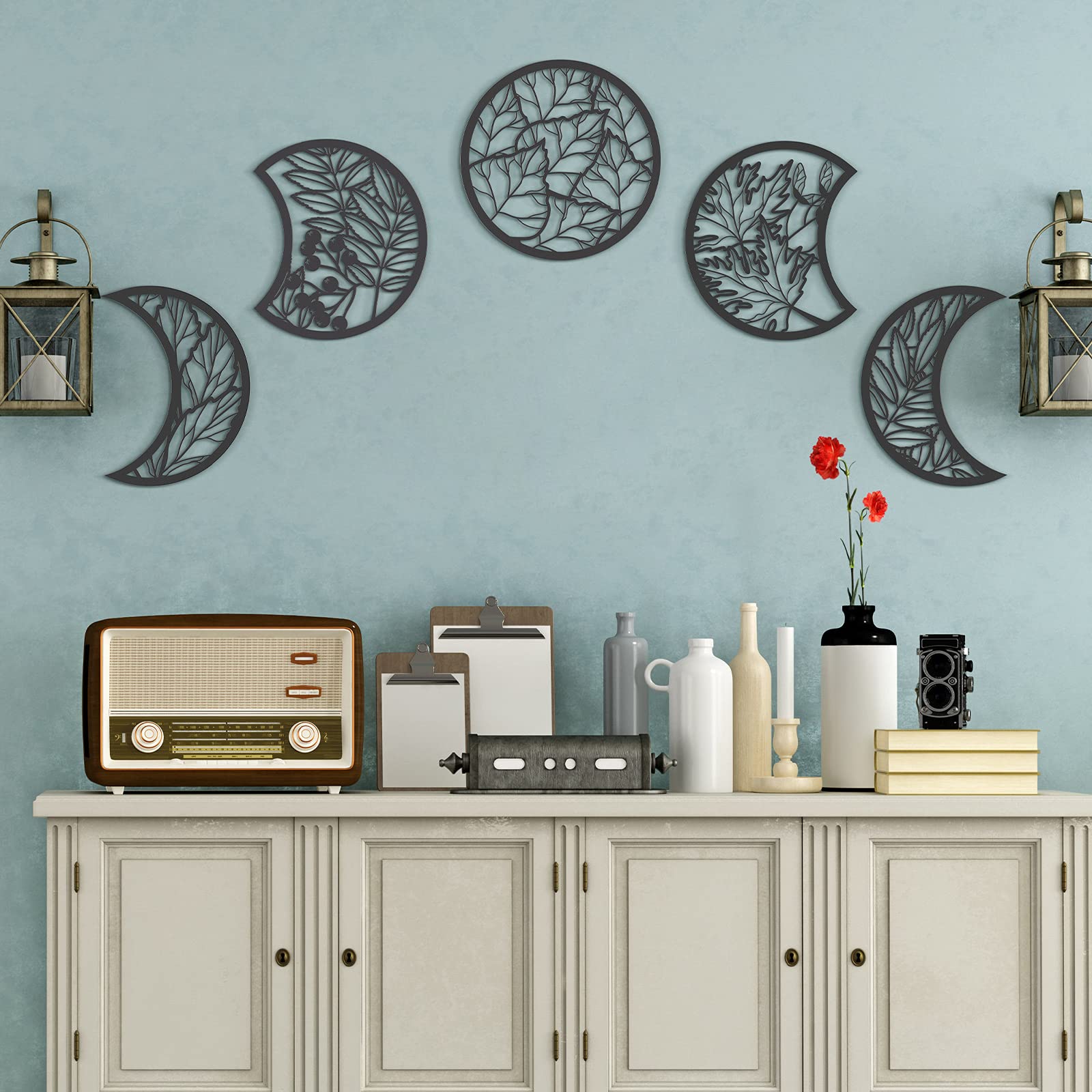 Jetec 5-Piece Moon Phase Wall Decor Set - Handcrafted Wooden Hanging Wall Art, Boho Chic Home Decor for Living Room, Bedroom, Bar & Office (Black, 10.6 Inch) - Perfect for Meditation Spaces, Yoga Studios & Spiritual Retreats