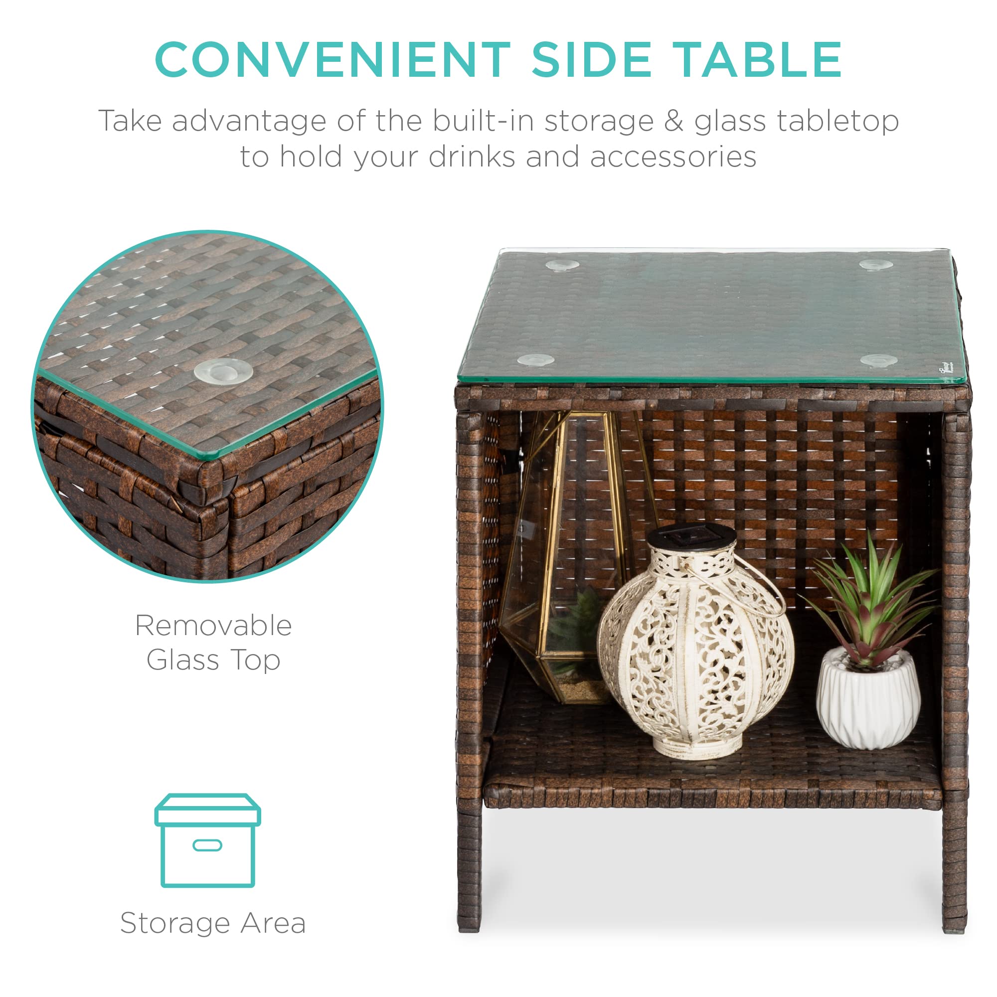 Best Choice Products 3-Piece Outdoor Wicker Patio Furniture Set with Side Table - Space Saving Brown/Navy Bistro Conversation Set for Garden, Balcony & Small Spaces