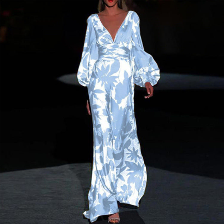 2025 Women's Slim Fit Printed V-Neck Dress with Lantern Sleeves - Fashionable Floral Summer Dress for Casual Wear, Party & Date Night