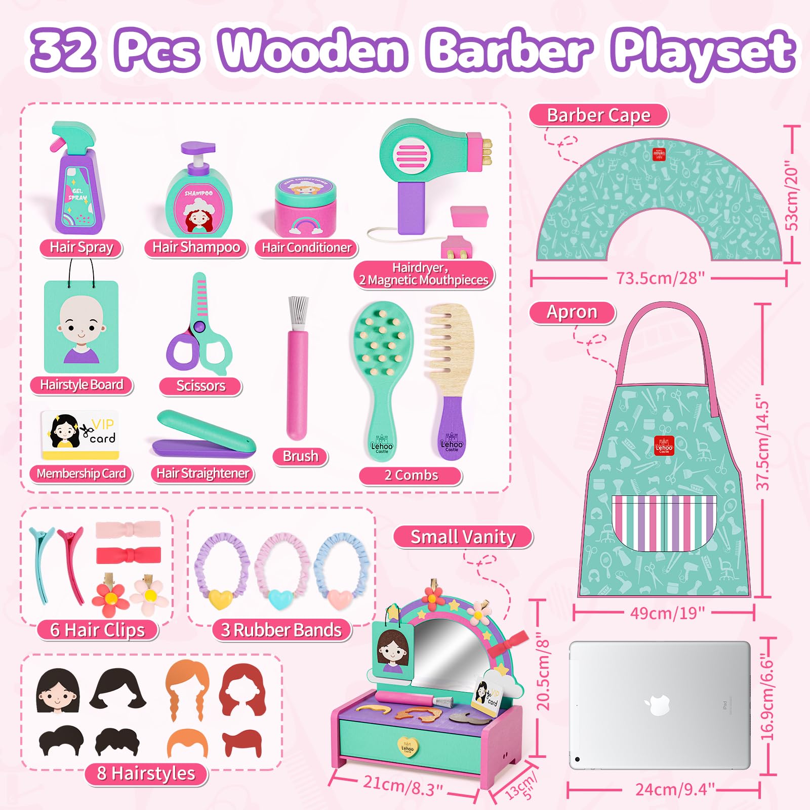 Lehoo Wooden Kids Hair Salon Playset - Pretend Play Beauty & Barber Styling Toy for Toddlers, Birthday Gift for 3 Year Old Girls | Perfect for Role Play, Home Salon Pretend & Early Childhood Development