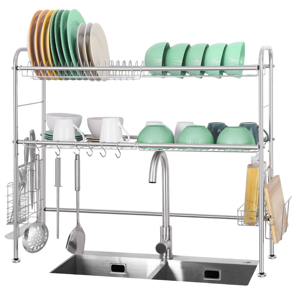 Premium 2-Tier Over The Sink Dish Drying Rack - 304 Stainless Steel Kitchen Counter Shelf with Utensil Holder Hooks (Silver) | Space-Saving Kitchen Organizer for Dishes, Cups & Cooking Tools | Perfect for Small Apartments & Compact Kitchens
