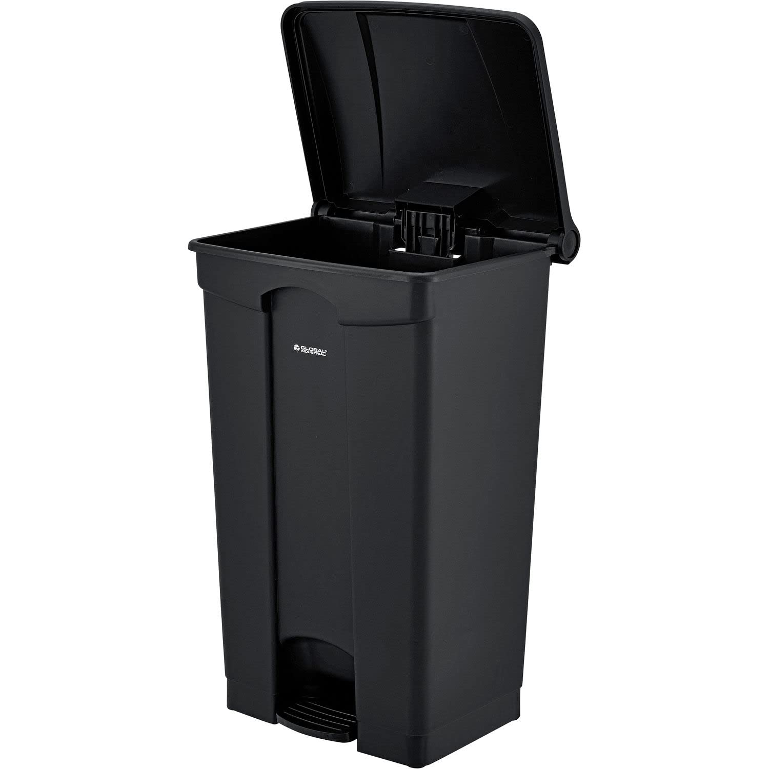 23 Gallon Black Plastic Rectangular Step-On Trash Can for Kitchen, Office & Commercial Use - Heavy Duty Waste Bin with Lid - Global Industrial Garbage Container