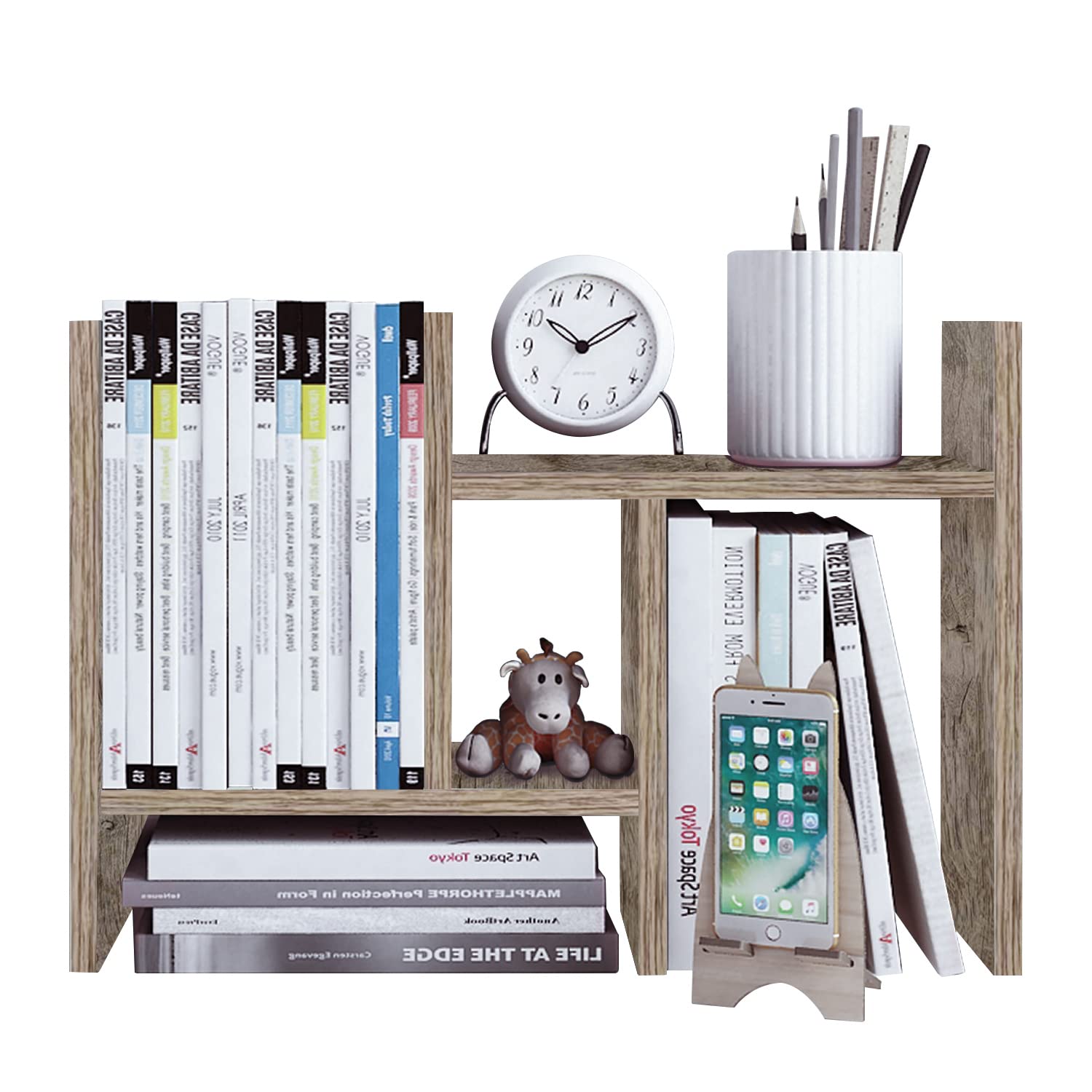 Adjustable Wood Desktop Organizer & Office Storage Rack - Double H Display Shelf in Gray Oak | Perfect for Home Office, Workspace Organization & Stylish Desk Decor