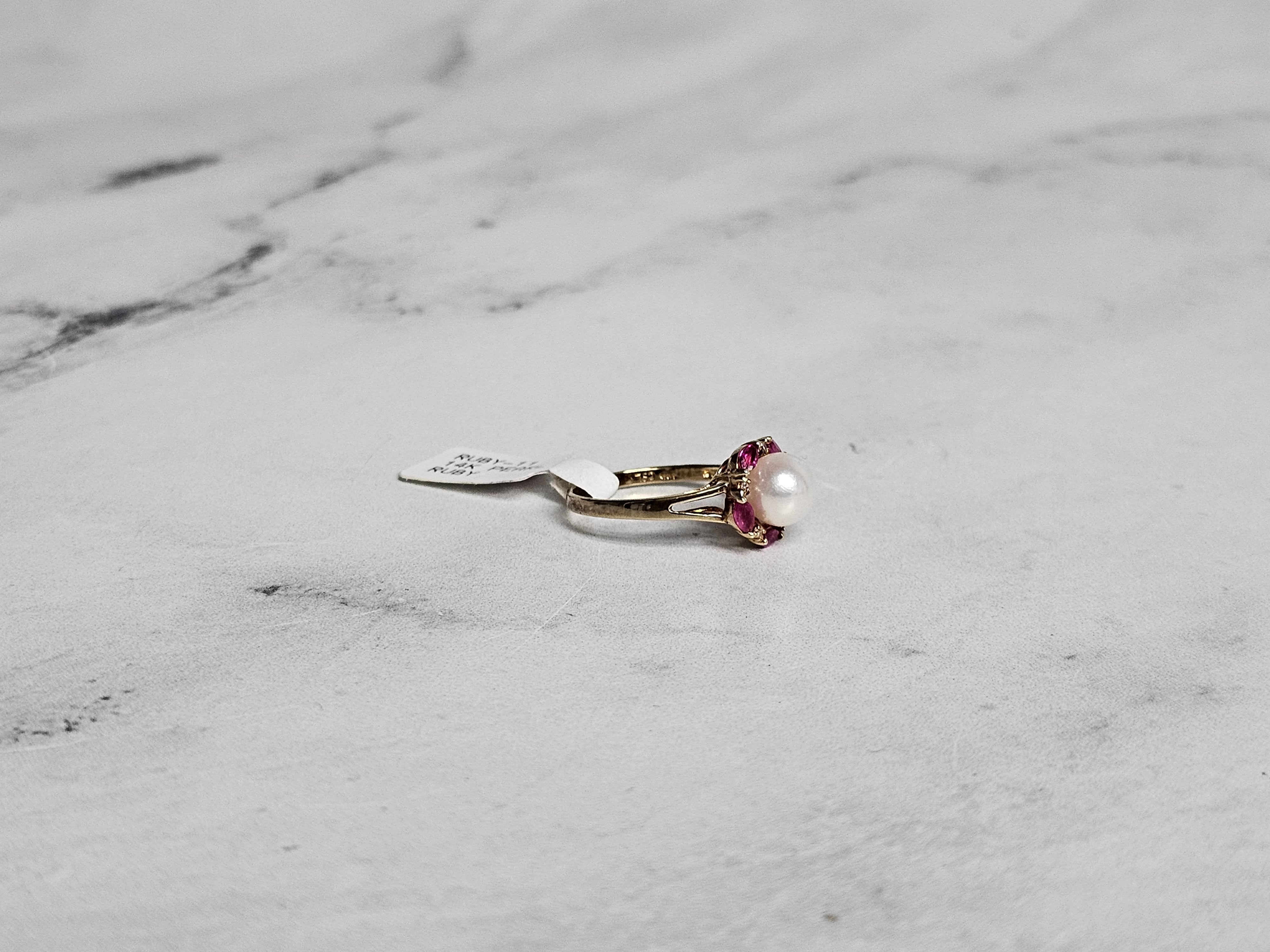 7MM Freshwater White Pearl & Ruby Diamond Halo Ring in 14k Yellow Gold - Elegant Jewelry for Weddings, Anniversaries & Special Occasions