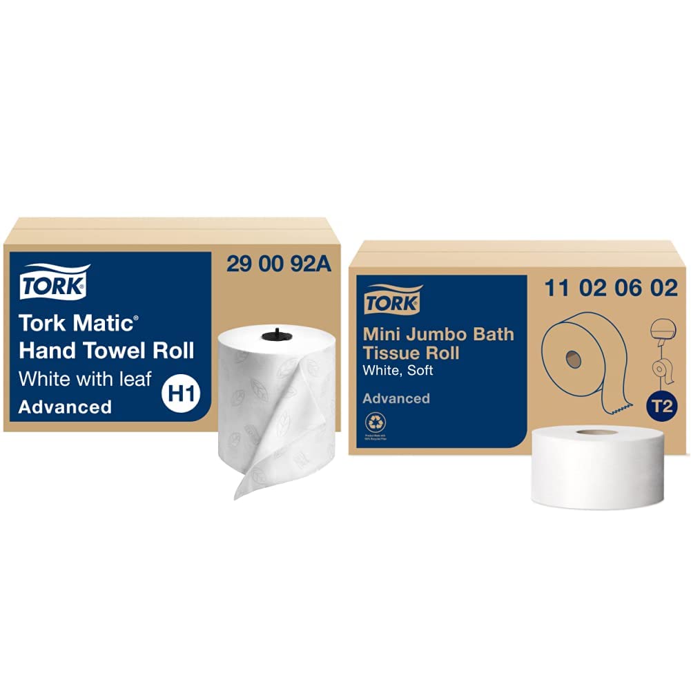 Premium Tork Matic Hand Towel 6 Rolls (2-Ply, 100% Recycled, High Absorbency) & 12 Rolls Mini Jumbo Bath Tissue (2-Ply, 1075 Sheets, Wrapper-Free) - Ideal for Offices, Restaurants, and Commercial Washrooms