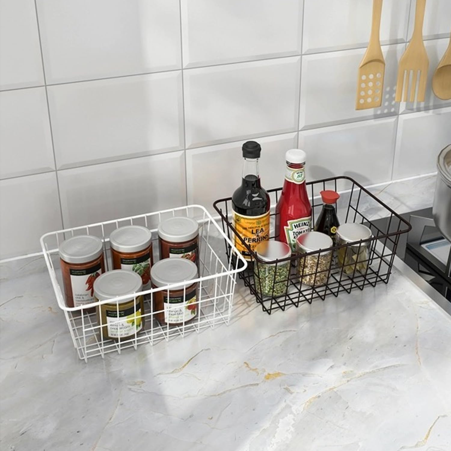 Redrubbit Wire Storage Baskets - Large Farmhouse Metal Freezer Basket Organizer with Handles, Set of 2 Black | Perfect for Kitchen Cabinets, Pantry, Closet, Bedroom & Bathroom Organization | Ideal for Storing Fruits, Vegetables, Toys & Household Items