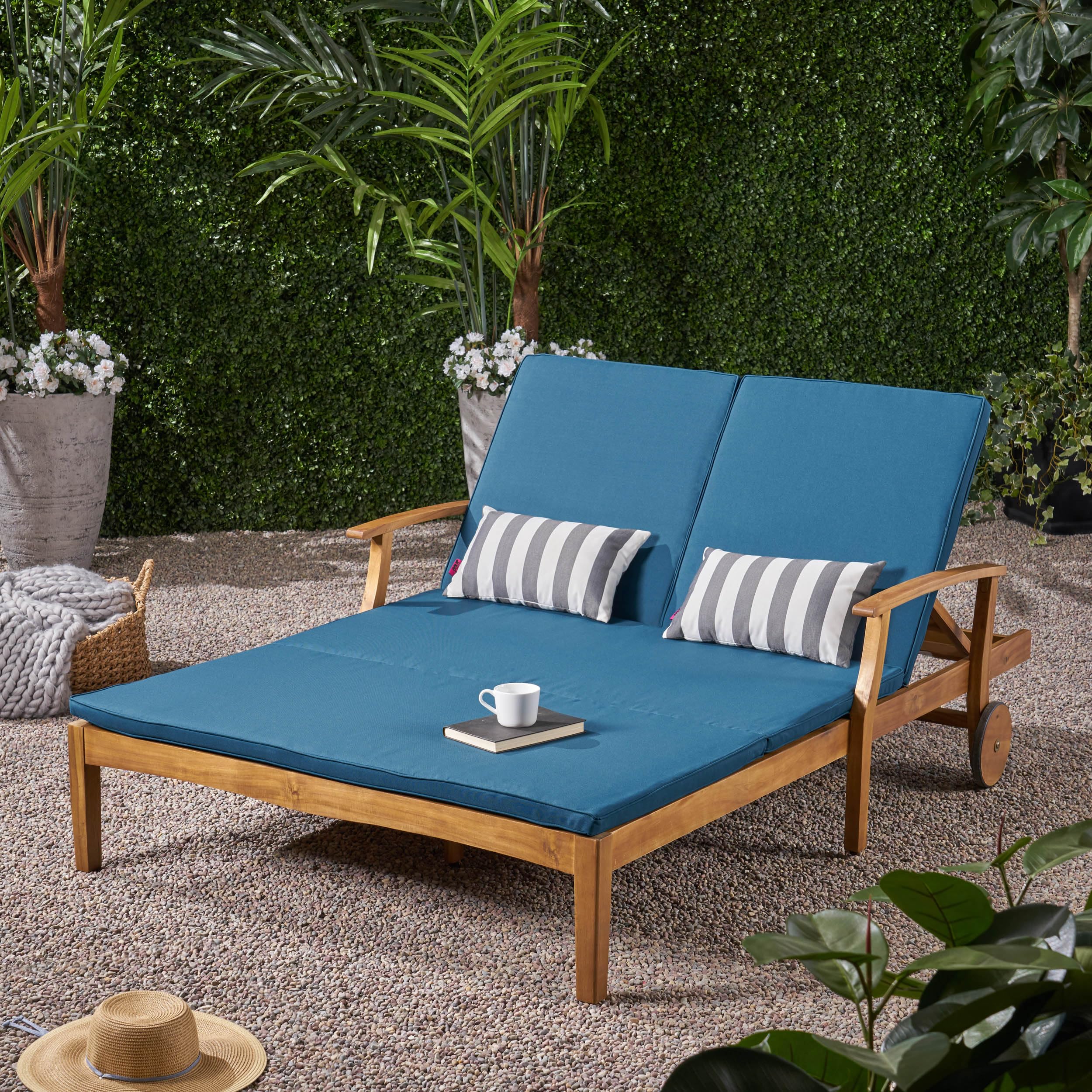 Premium Acacia Wood Double Chaise Lounge Chairs - All-Weather Outdoor Patio Daybed with Adjustable Backrest & Cushions for 2 - Perfect for Poolside Relaxation, Backyard Lounging, and Sunbathing