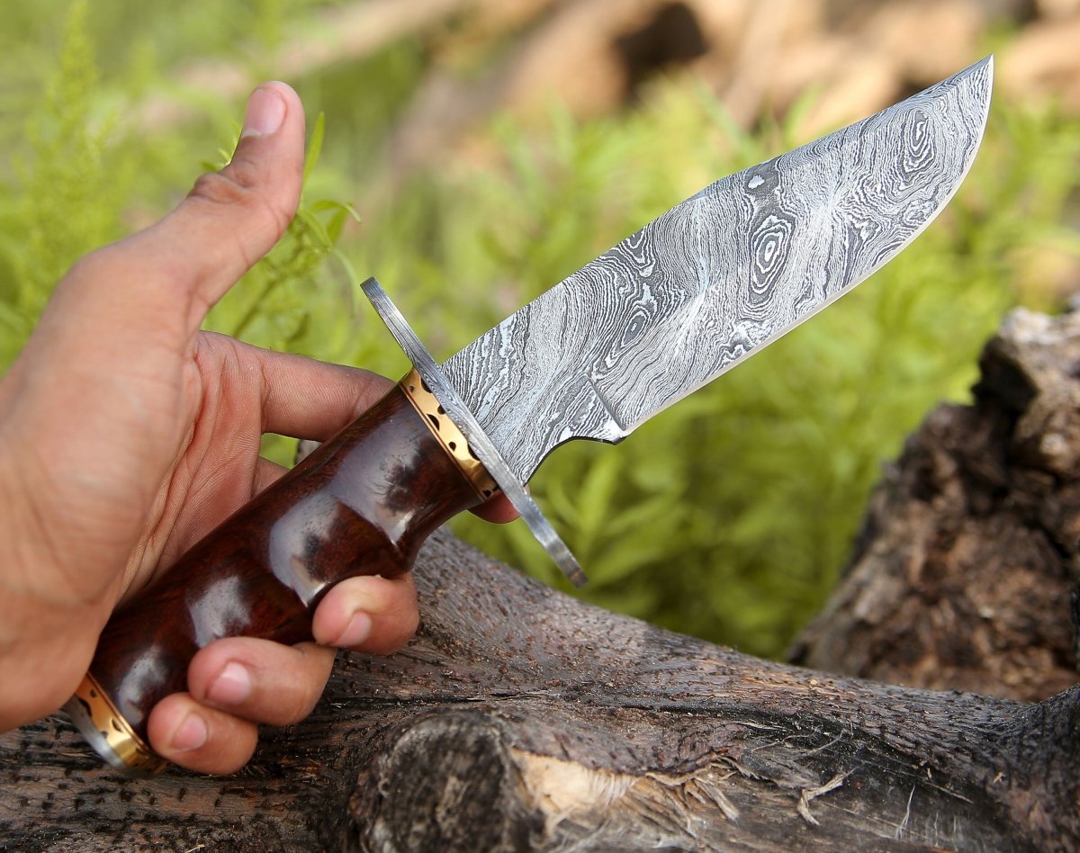 Premium Damascus Steel Bowie Knife with Exotic Rosewood Handle - Hunting, Camping & Outdoor Survival Essential
