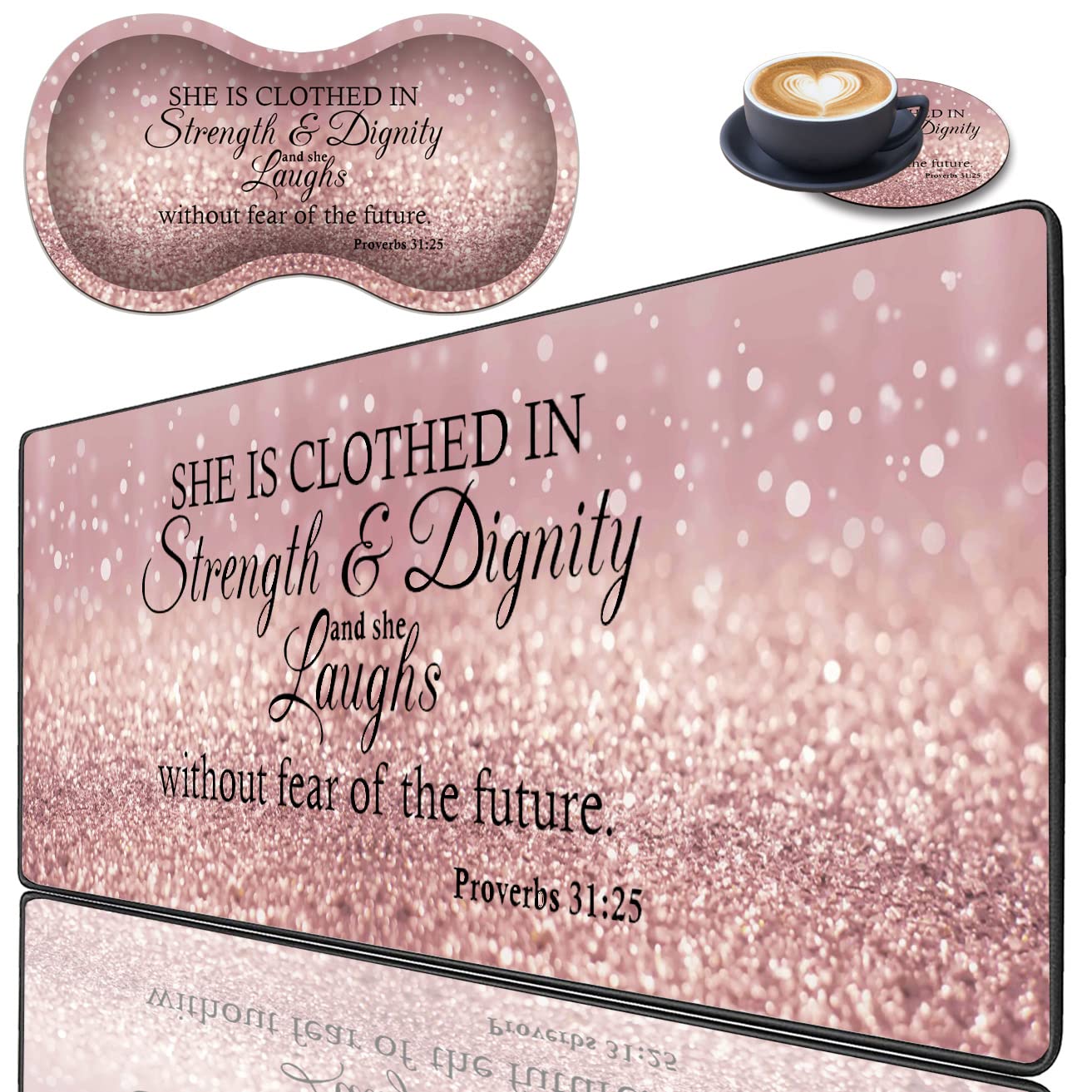 3-Piece Premium Mouse Pad Set with Stitched Edges - Extra Large Non-Slip Desk Mat, Keyboard Pad & Memory Foam Wrist Rest - Includes Inspirational Bible Verse (Proverbs 31:25) - Perfect for Office, Home & Gaming Workstations