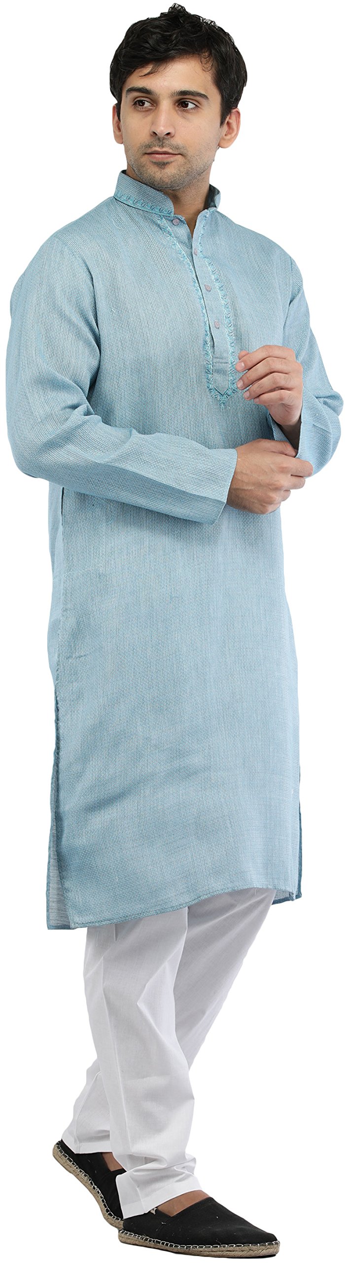 Stylish Men's Kurta Pajama Set with Elegant Neck Embroidery & Dotted Stripes - Perfect for Festivals, Weddings & Cultural Events