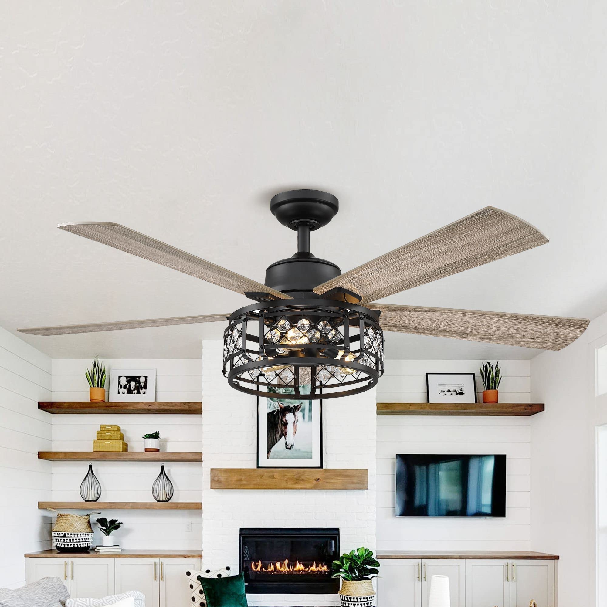52 Inch Black Ceiling Fan with Light and Remote - Farmhouse Style for Bedroom, Covered Patio & Outdoor Use - Energy Efficient Quiet Blades by Parrot Uncle