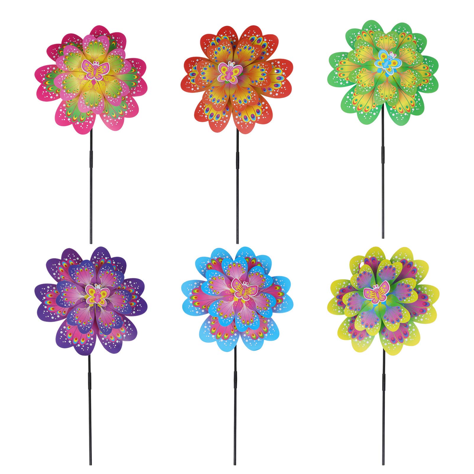 YARNOW 6-Pack Peacock Wind Spinner - Colorful Plastic Windmill Lawn Decor for Garden, Patio & Yard | Ground Stake Pinwheels for Outdoor Party Decorations & Kids Toys | Perfect for Birthday Celebrations, Summer BBQs & Backyard Landscaping