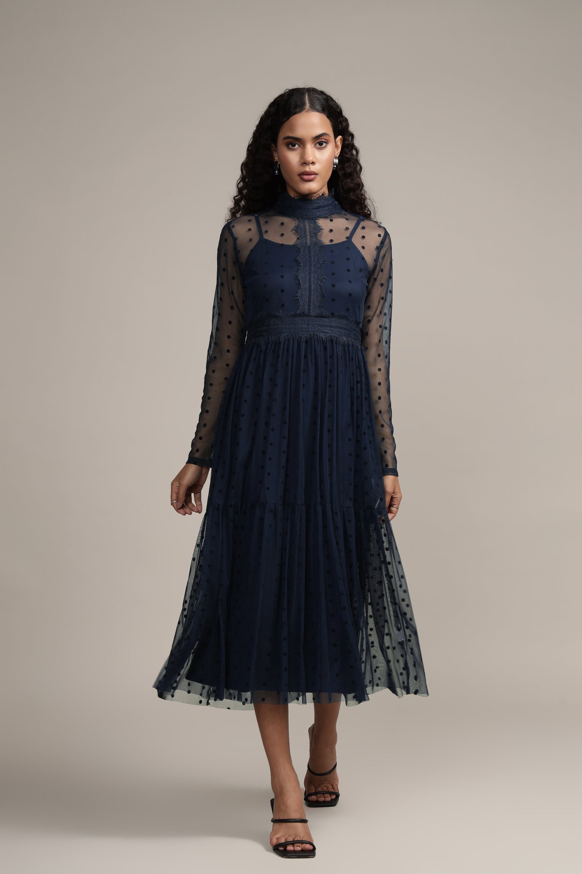 Roman Lola Navy Blue Polka Dot Midi Dress - Flowy Summer Dress for Women, Perfect for Beach Vacations, Brunch Dates & Casual Outings