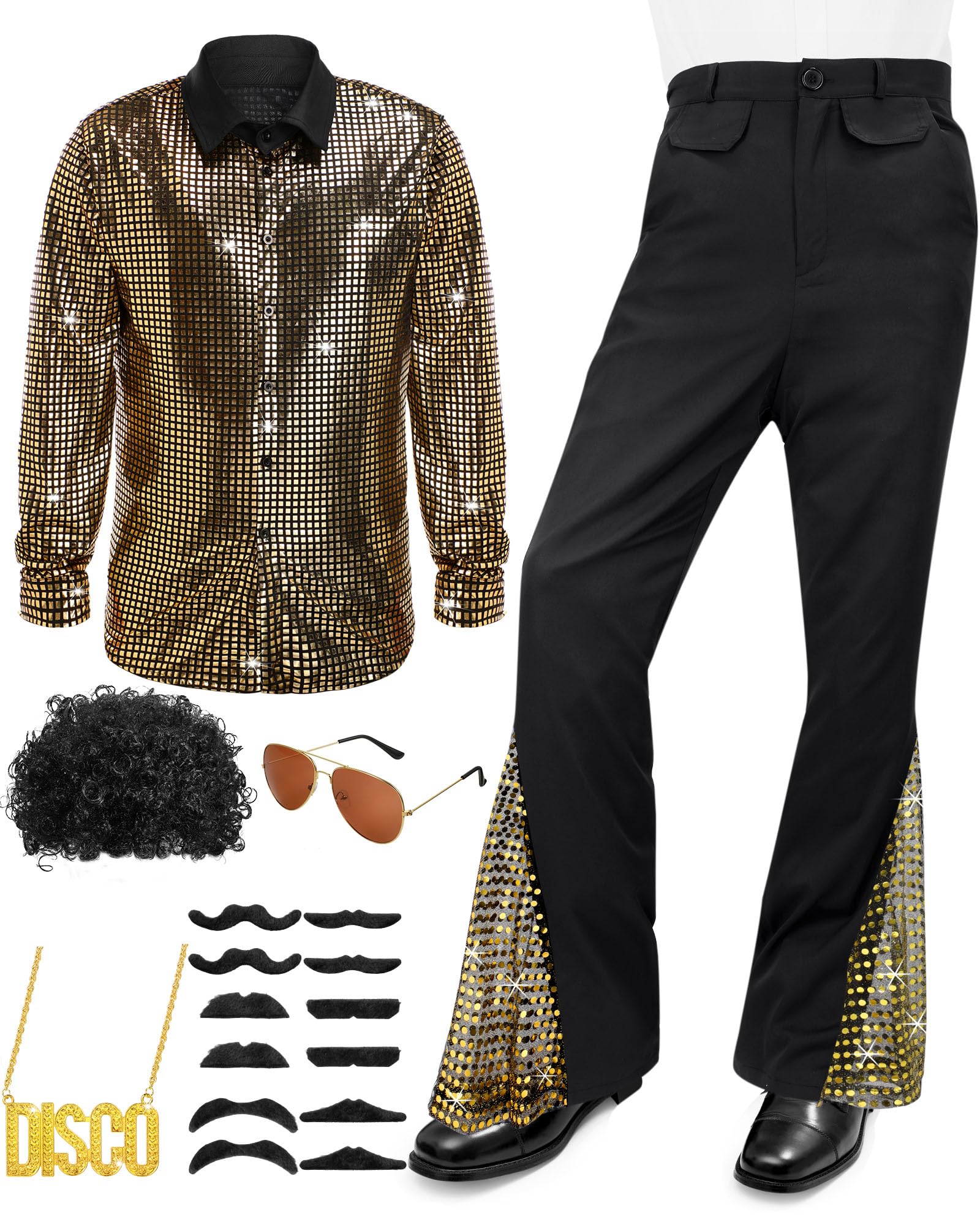 Vintage 70s Disco Costume Set for Men - Bell Bottom Pants, Retro Shirt, Wig, Necklace, Mustache & Sunglasses | 70s Theme Party, Halloween Costume, Disco Dance Outfit