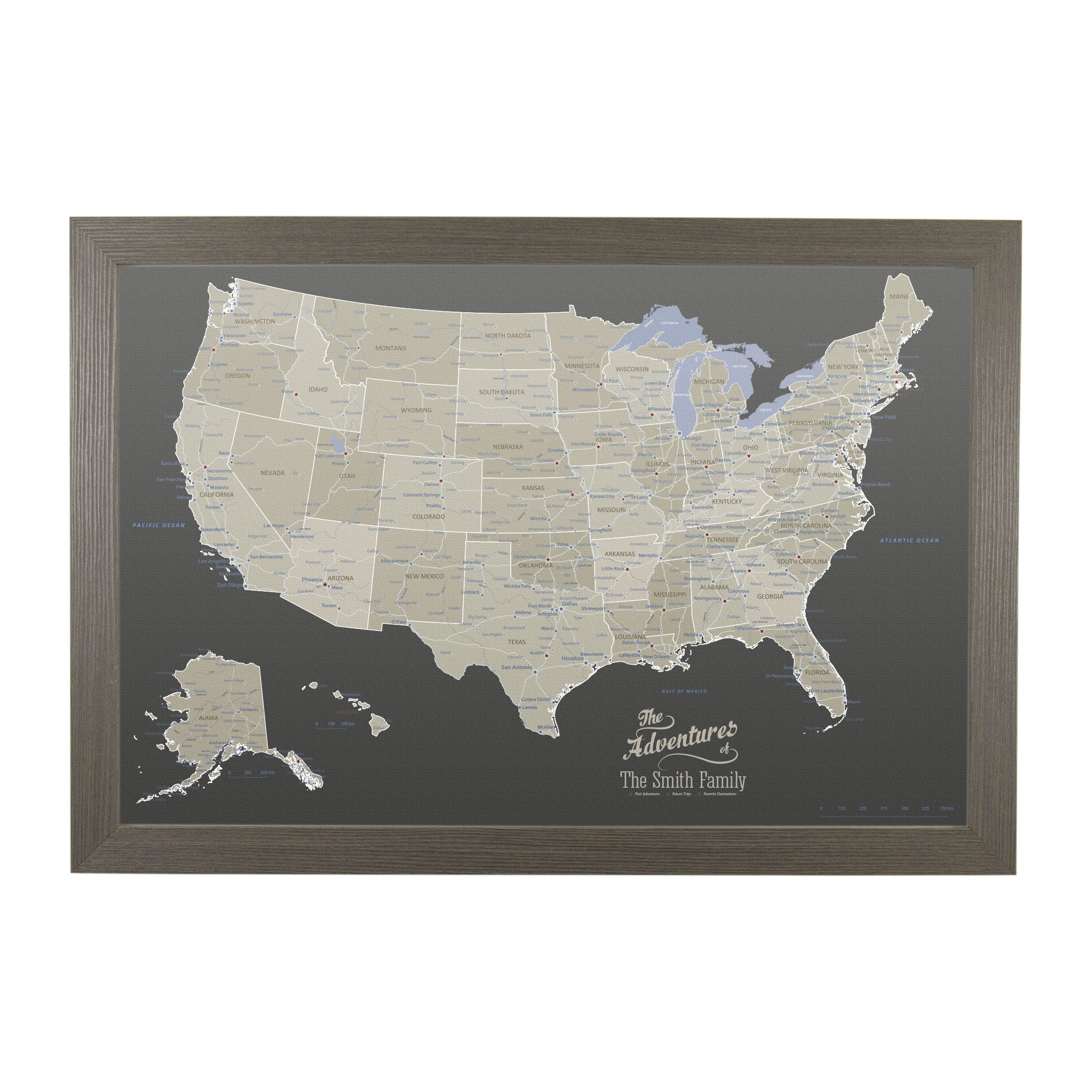 Personalized USA Push Pin Travel Map - Earth Tones Canvas with Barnwood Gray Frame | Perfect for Home Decor, Office Wall Art & Travel Enthusiast Gifts