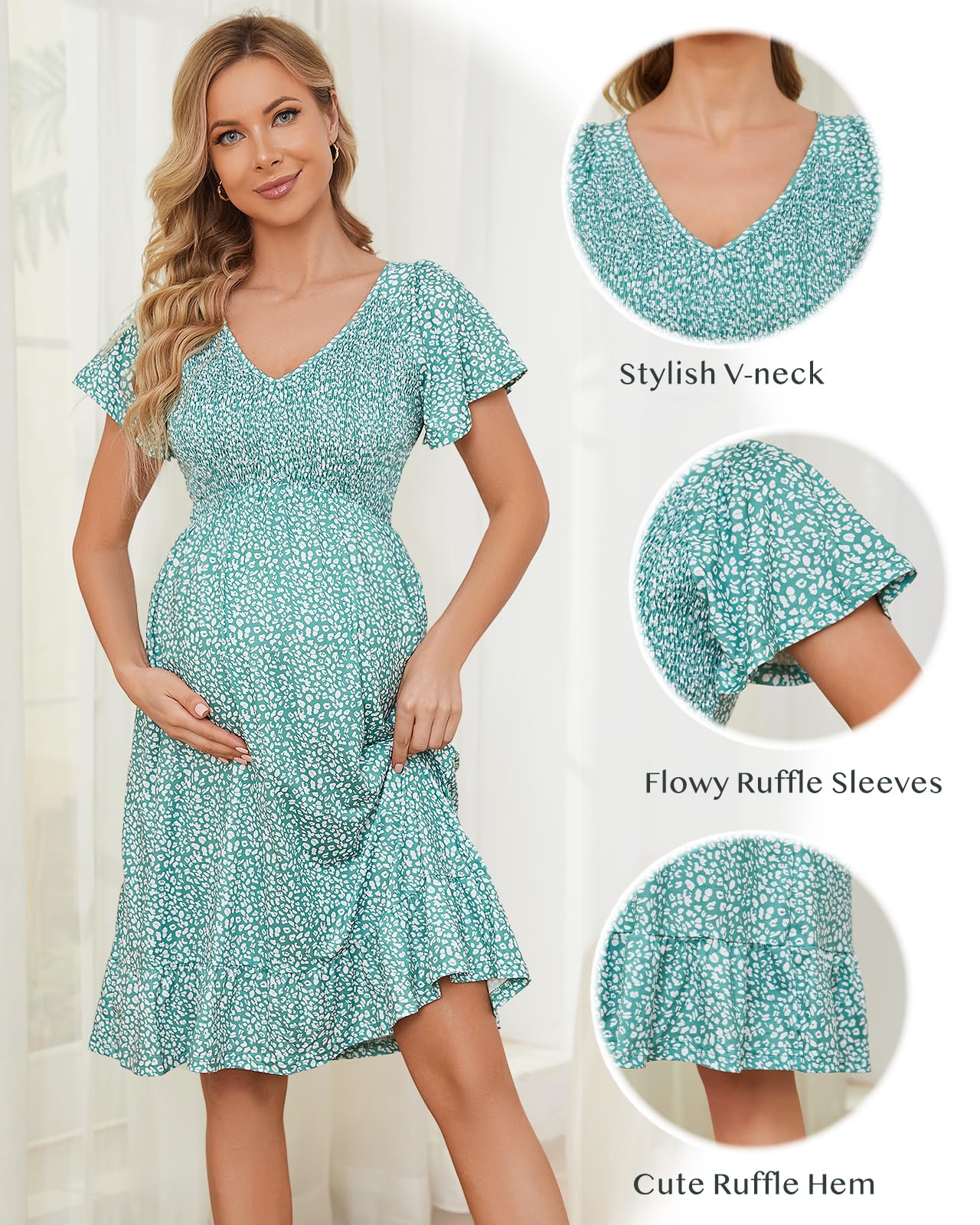 **Domee Floral Maternity Dress - V-Neck A-Line Midi Dress with Ruffles & Shirred Short Sleeves for Baby Shower, Photoshoot & Summer Boho Style**    *Perfect for Pregnancy Photos, Beach Vacations & Boho-Chic Occasions*