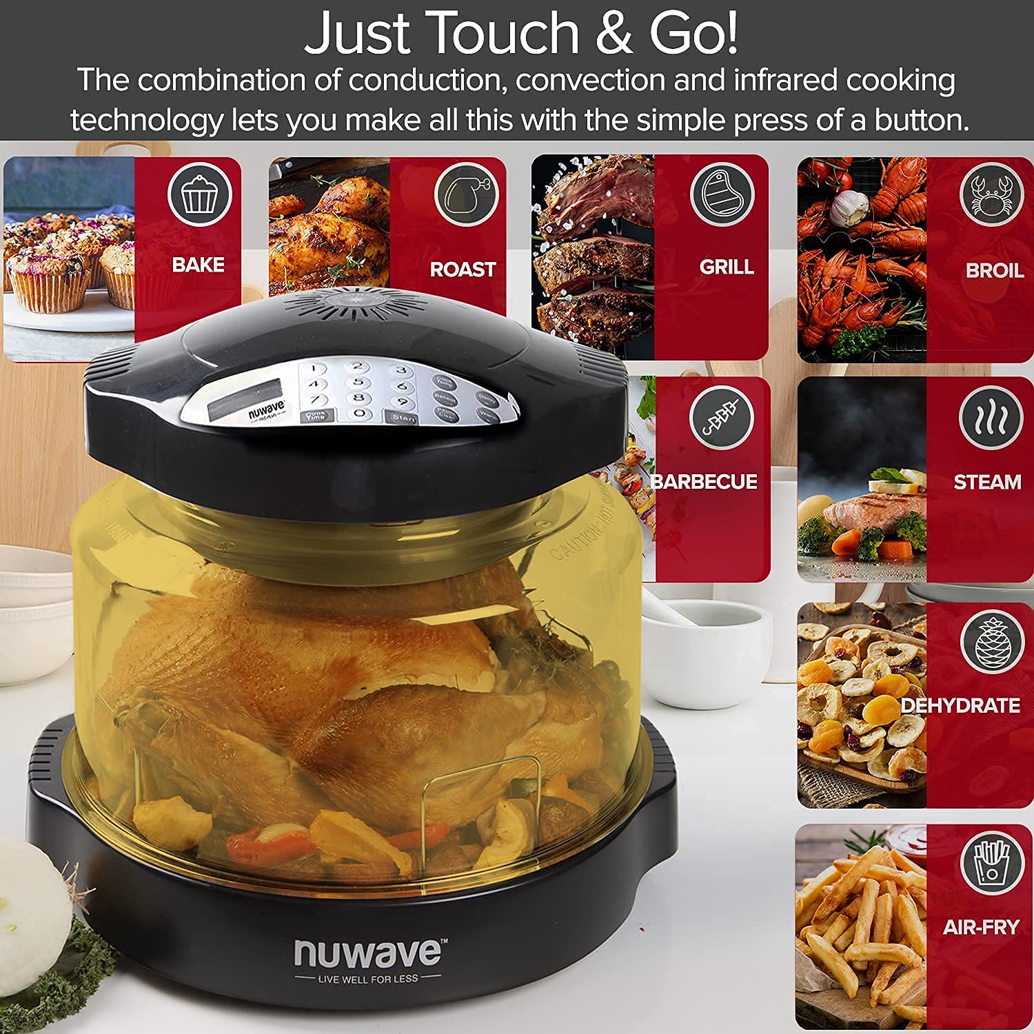 NuWave Pro Plus Air Fryer Oven - 12-in-1 Countertop Convection Toaster Oven with Digital Display, 16 x 15.5 x 12.3 Inches in Black & Gold - Perfect for Baking, Roasting, Air Frying, Reheating & Family Cooking